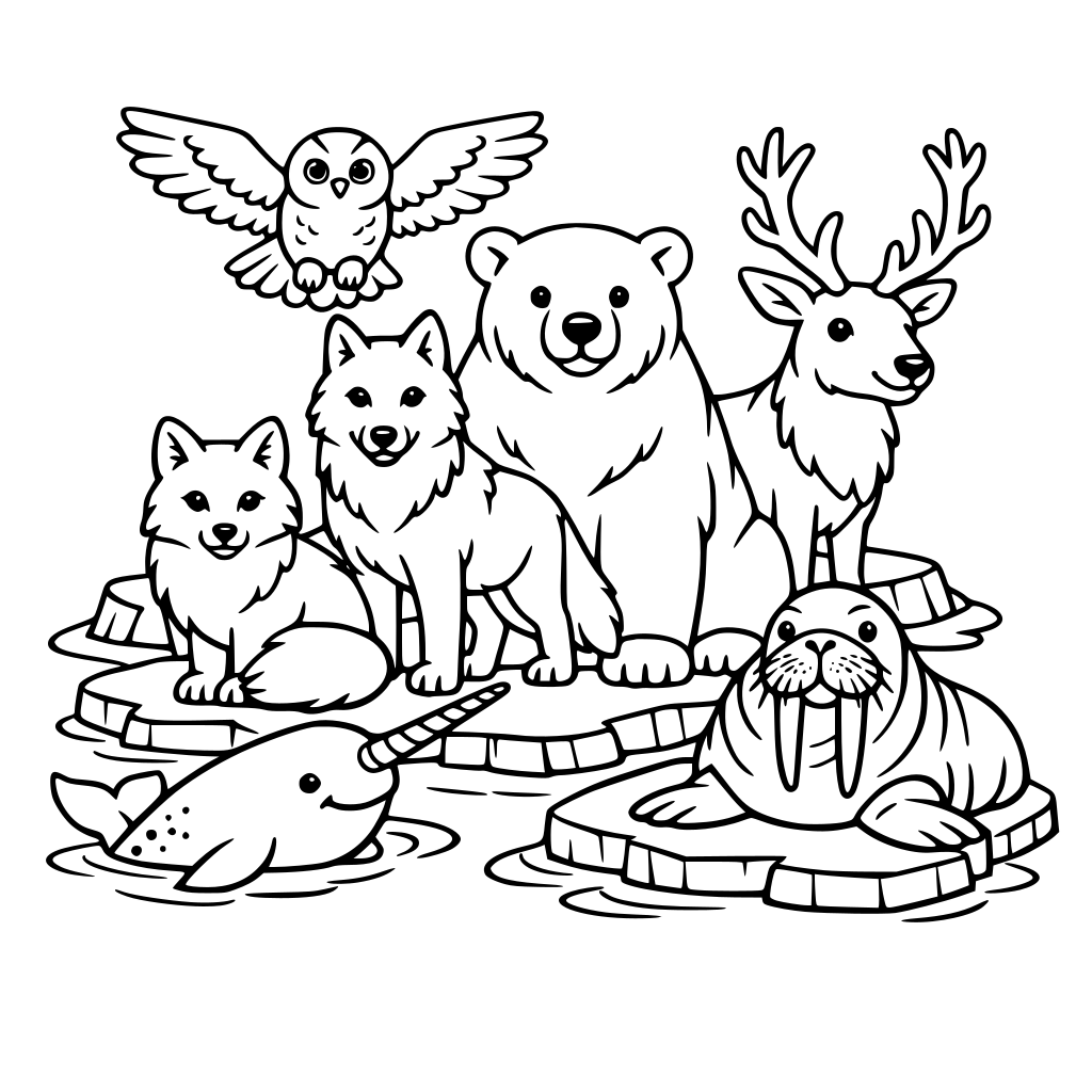 an arctic scene with the animals: arctic fox, arctic wolf, polar bear, narwhal, snowy owl, reindeer, walrus