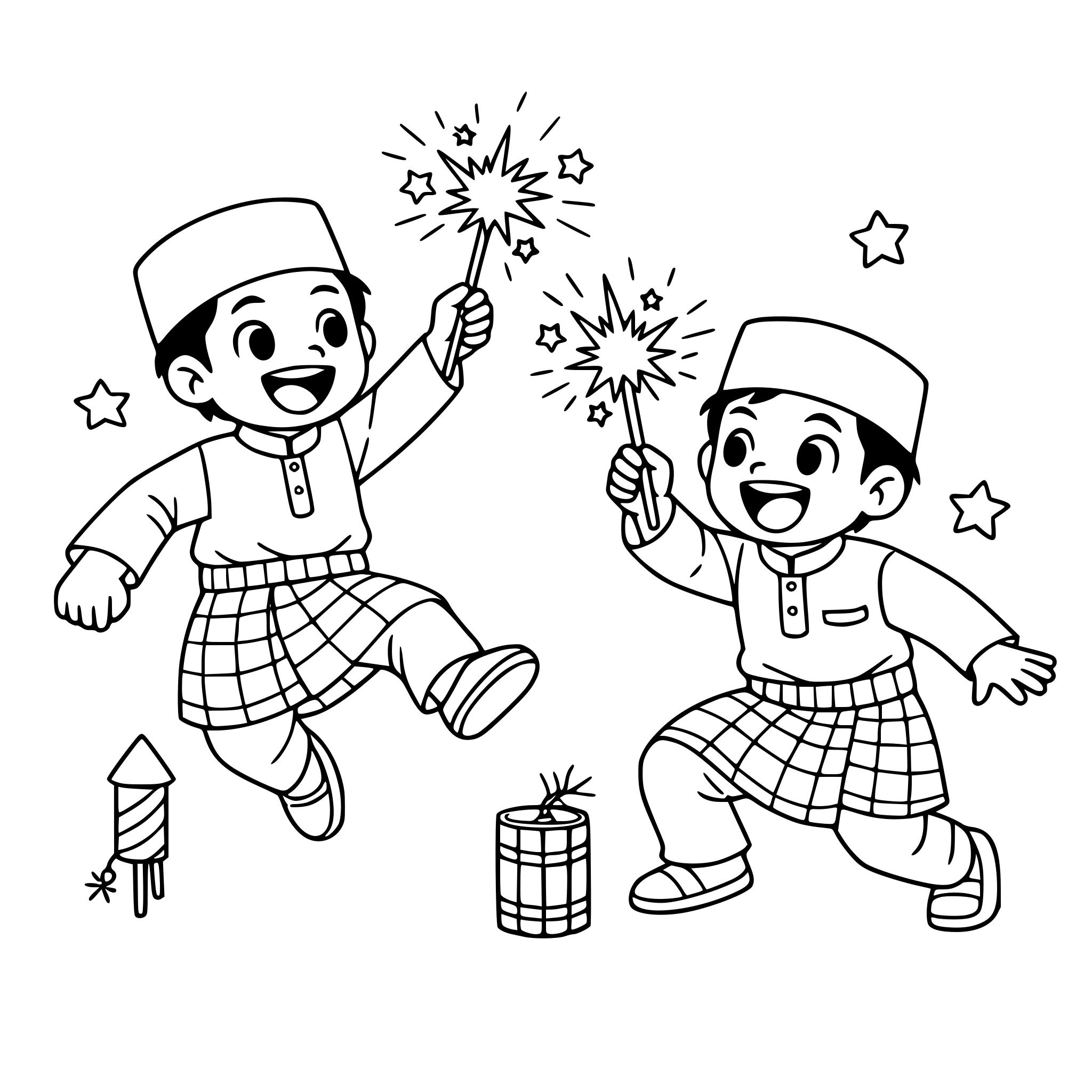 2 boys wearing fullset eid baju melayu with sampin were having fun playing firecracker