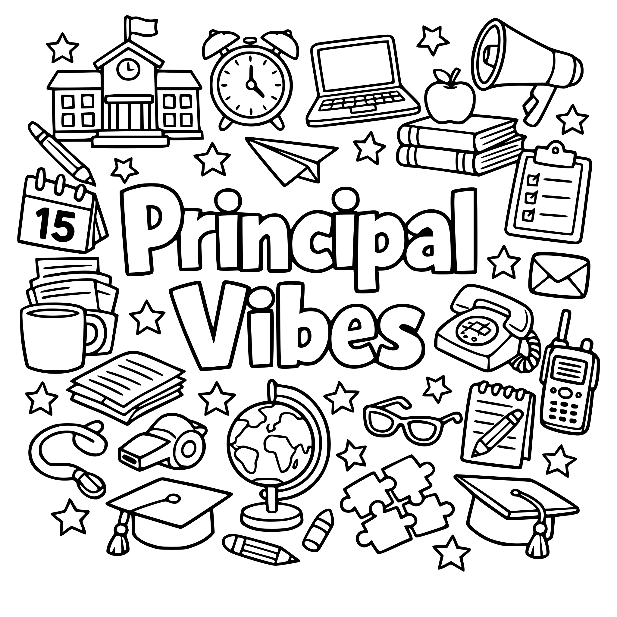 coloring book page for a busy principal with a phrase in the middle of the page, in block lettering, that states "Principal Vibes." there are school themed icons that cover the page and surround the wording.