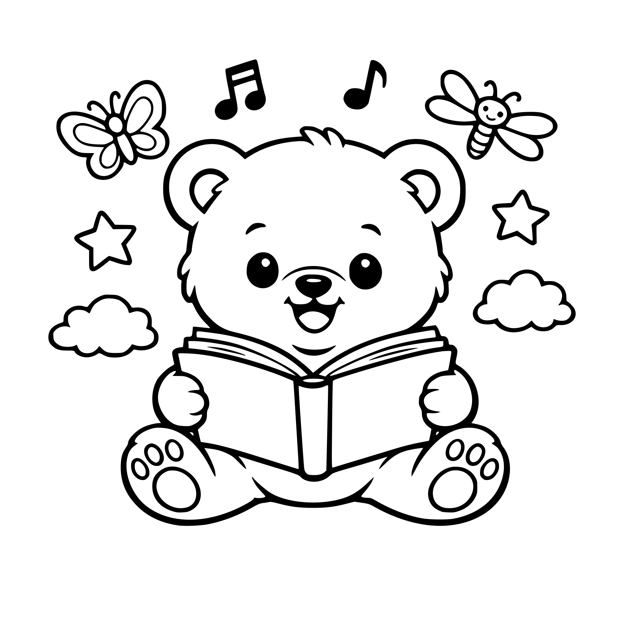 Create a cute baby bear doing a fun, relaxing activity. For example, reading a book
