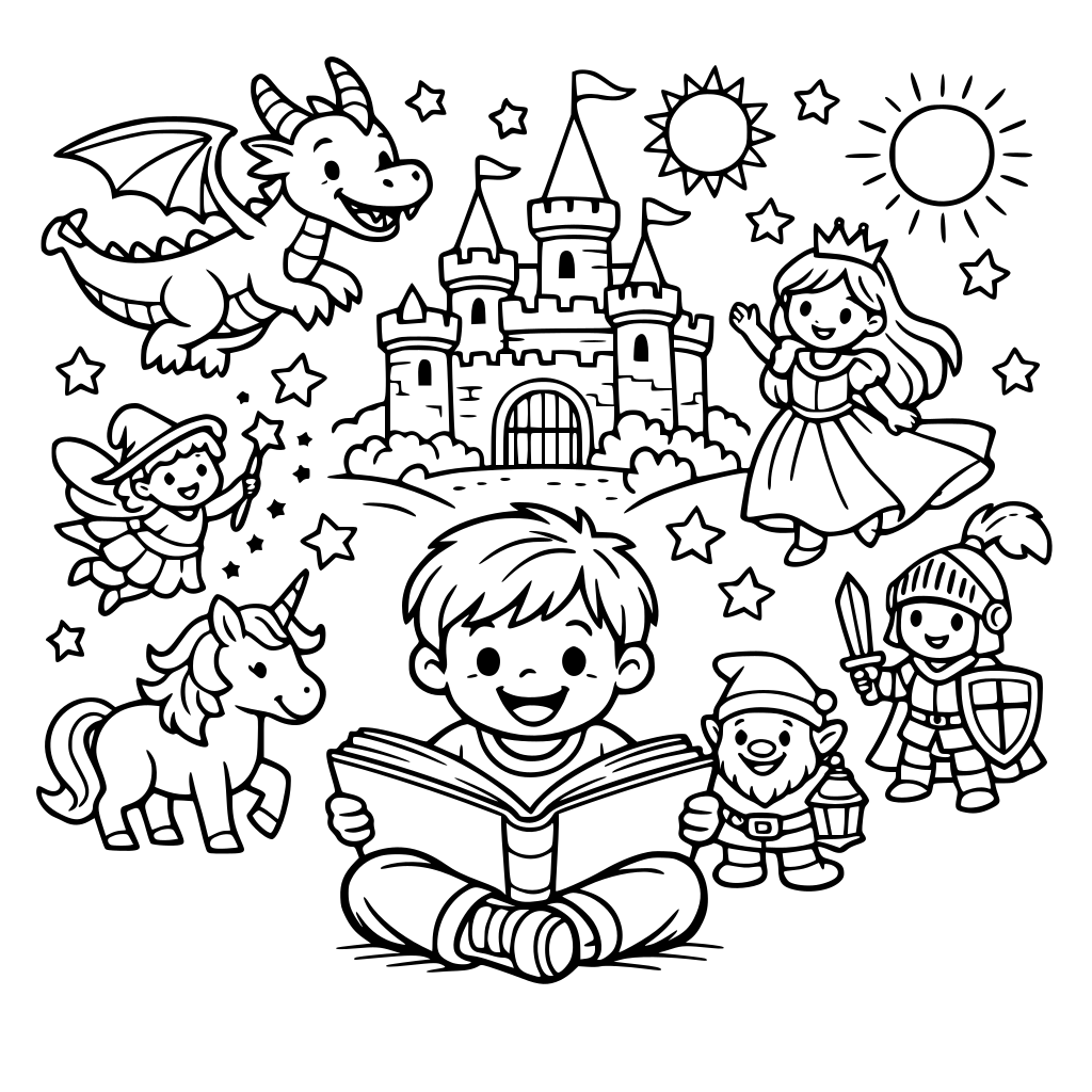 a child reading and imagining a fantasy world including dragons and other fairytale characters