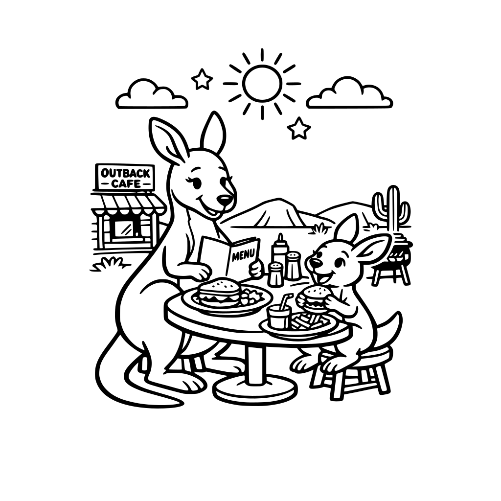 Black-and-white line art of a mama kangaroo and a baby kangaroo at an outdoor outback restaurant