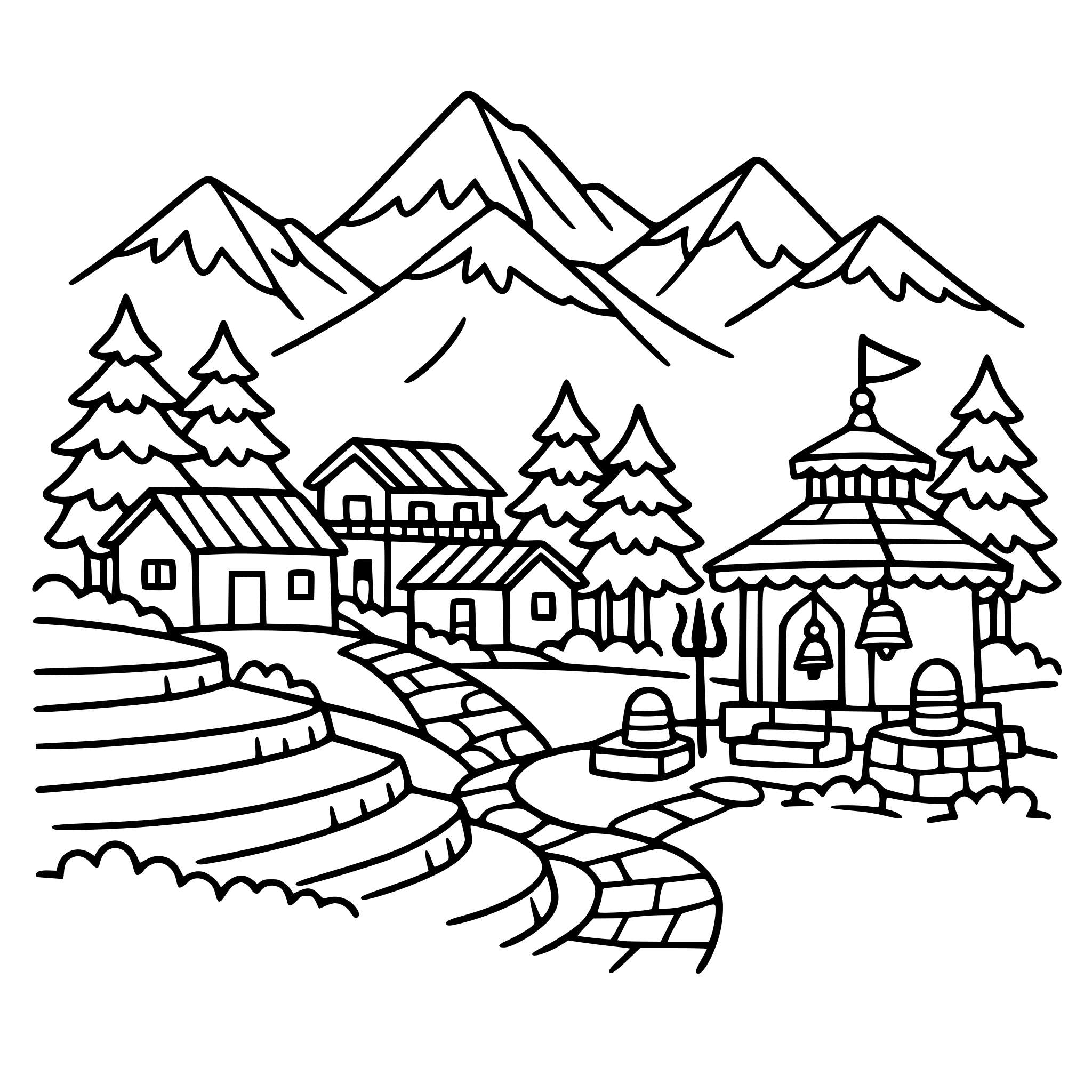 Cute cozy simple Uttarakhand Himalayan village with snow peaks, pine trees, and small temple.