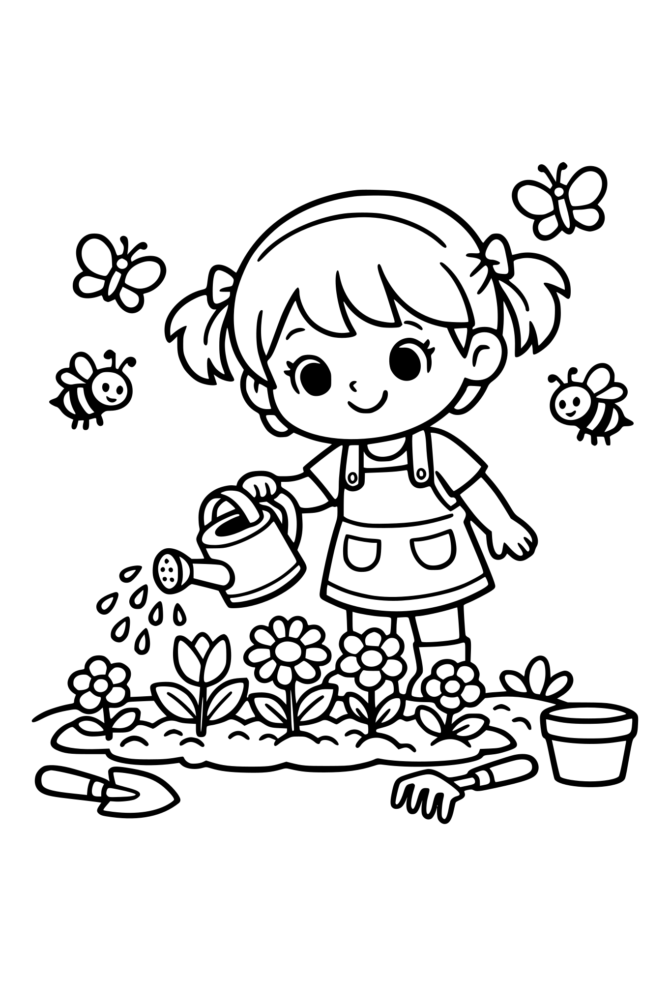 cute kids coloring page, cute girl watering plants with a watering can in a small garden, flowers growing from the soil, butterflies and bees around, garden tools nearby, simple shapes, thick outlines, kids coloring book line art