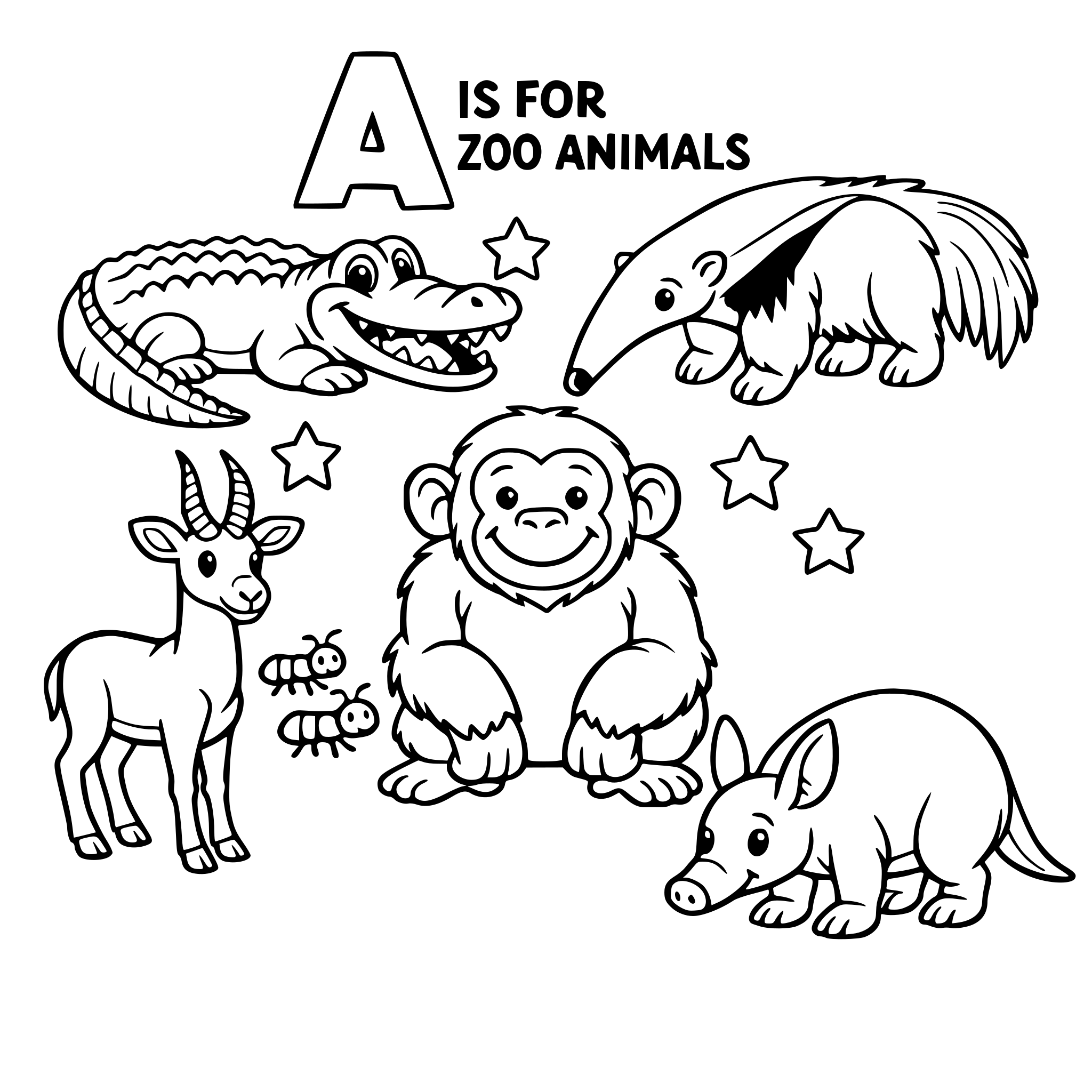a coloring book of zoo animals starting with letter a