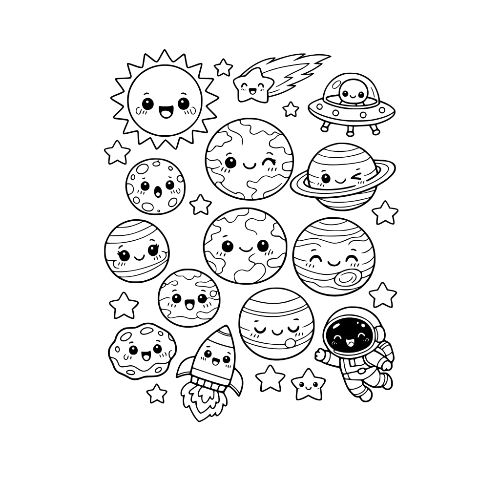kawaii planets and solar system items. each item has a cute kawaii facial expression. do not repeat items. do not repeat facial expressions.