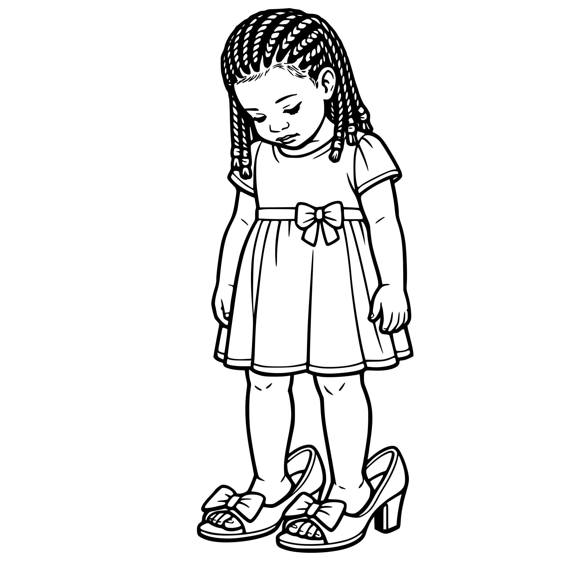 Create an image of a young realistic looking realistic african american girl with weaved hair looking at her dress up shoes that are way too big. White background, isolated.