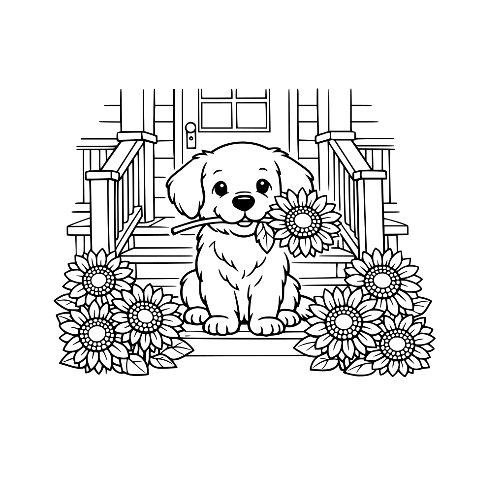 puppy with a sunflower in his mouth. Sitting on the porch of the farmhouse. Sunflowers are at the foot of the steps of the porch