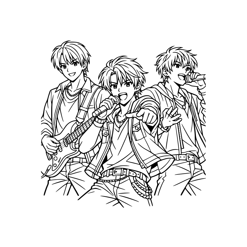 Portrait oriented coloring book page that is black and white with 3 k-pop singers performing at a concert. They are young male pop stars singing and dancing. One is playing an electric guitar. Fill the whole page top to bottom with great detail. Anime cartoon style.
