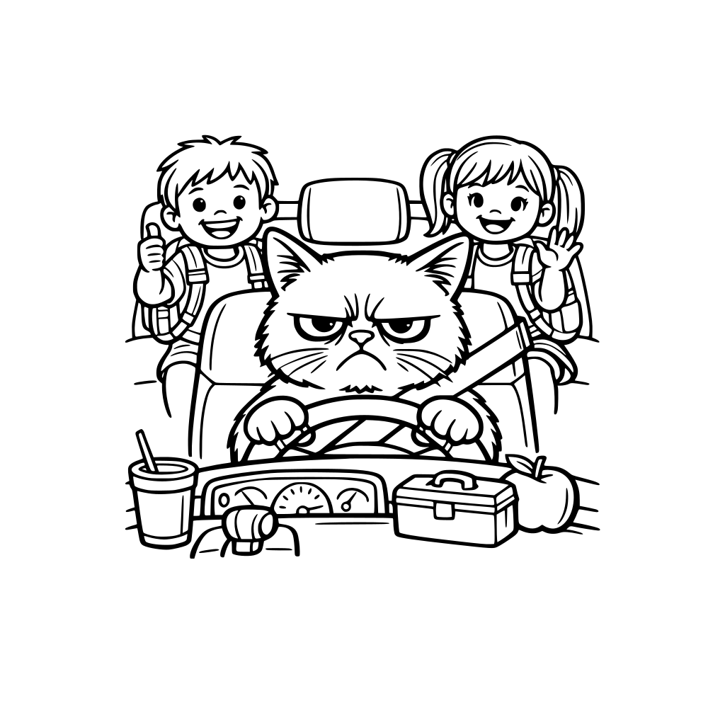 A grumpy cat driving the kids to school.