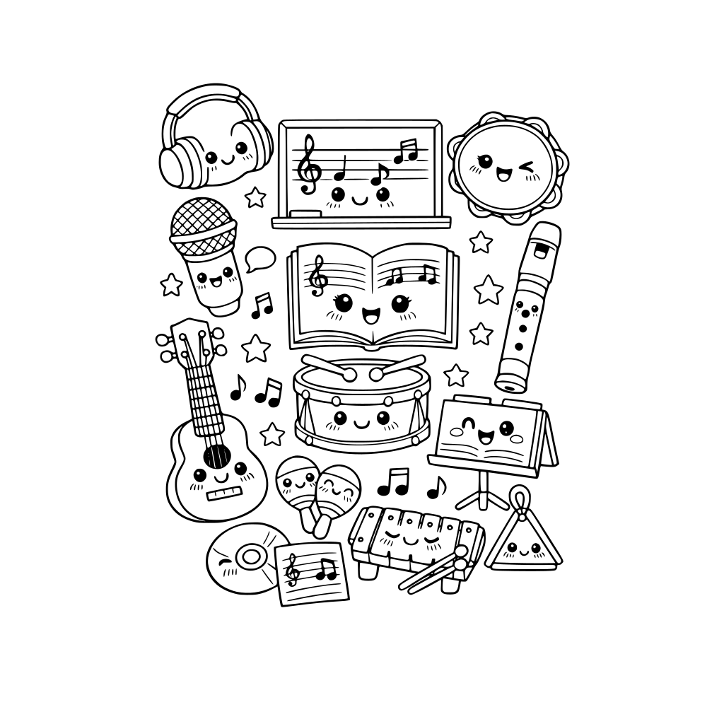 kawaii music class items. each item has a cute kawaii facial expression. do not repeat items. do not repeat facial expressions.
