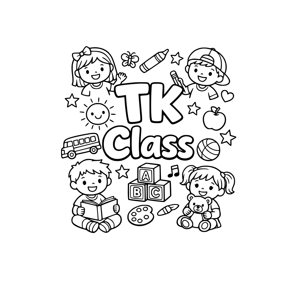 The words TK Class surrounded by kids graphics