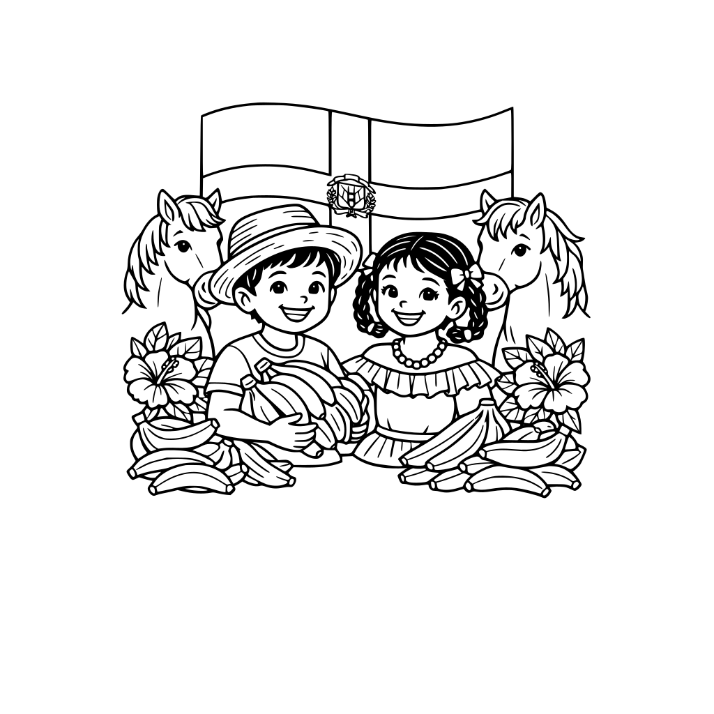 little boy and girl from the Dominican Republic surrounded by plantains, horses, and flowers with the Dominican Republic Flag in the background