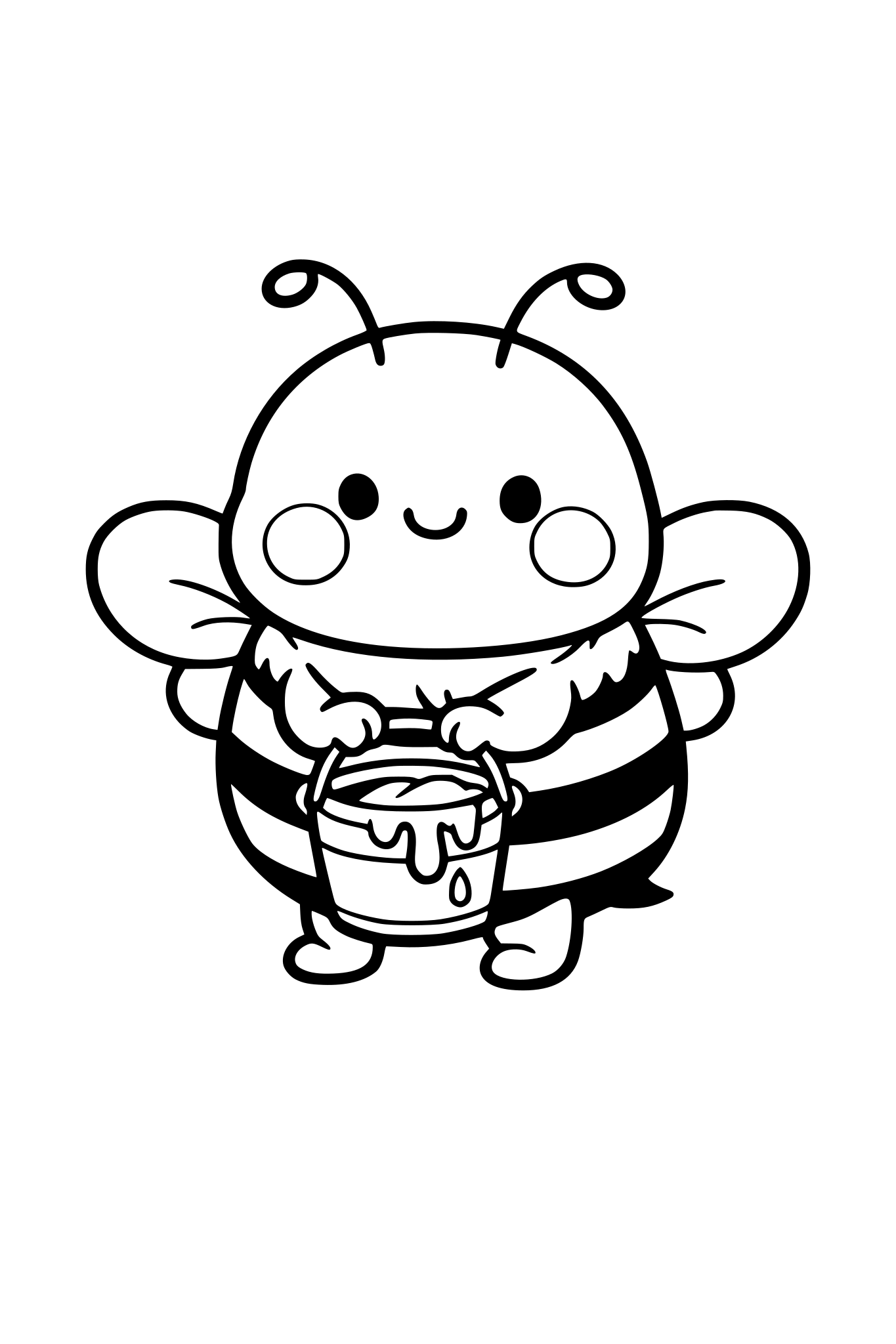 Una abeja gordita con mejillas rosadas cargando un pequeño balde de miel.