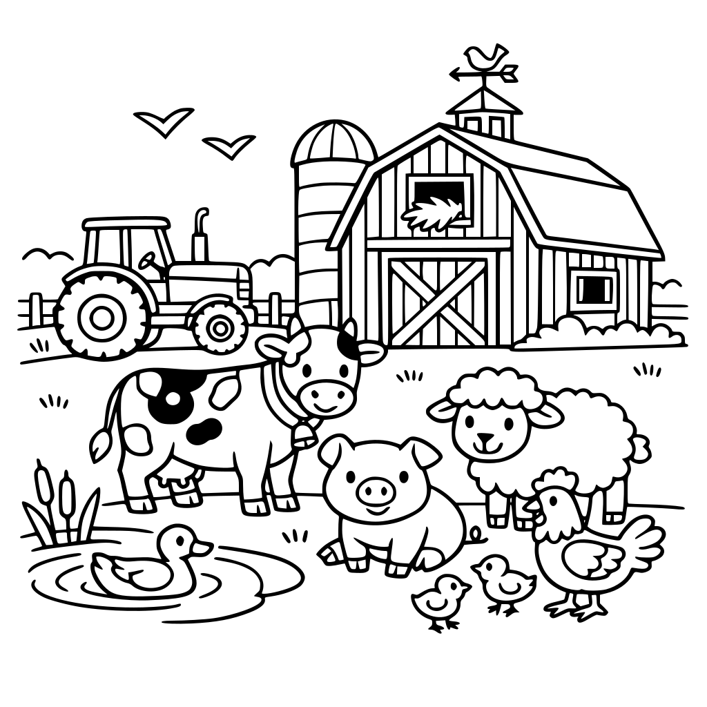 A farm with animals and tractor and a barn