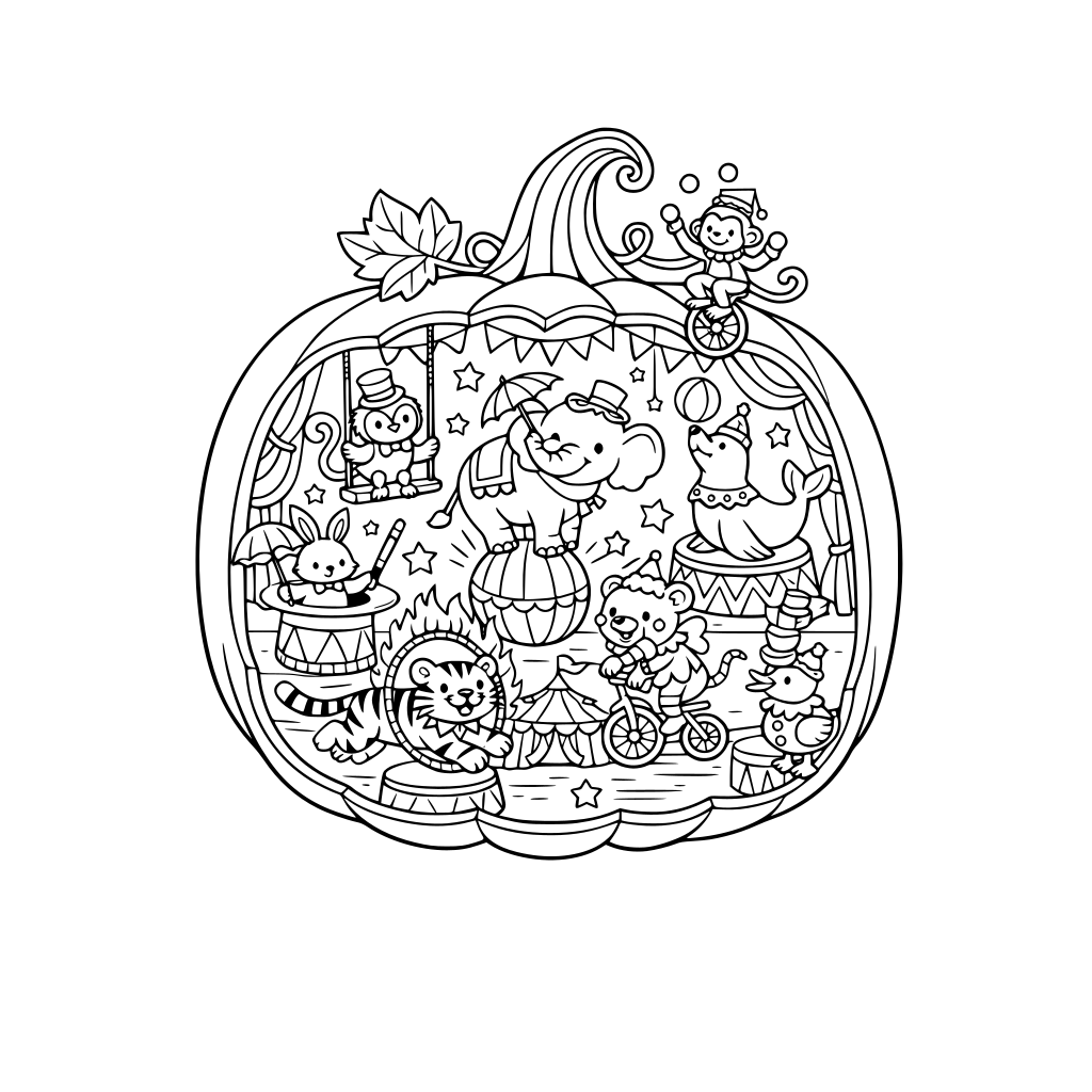 a tiny whimsical circus with whimsical animals doing different circus things, inside a pumpkin