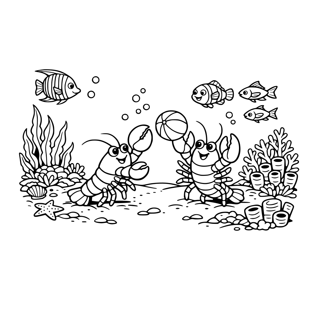 lobsters are playful on the seafloor. Fish are looking on in the sea, coral, and kelp.