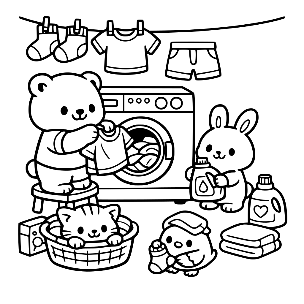 familiar everyday activities like doing laundry, with little cute cozy friends