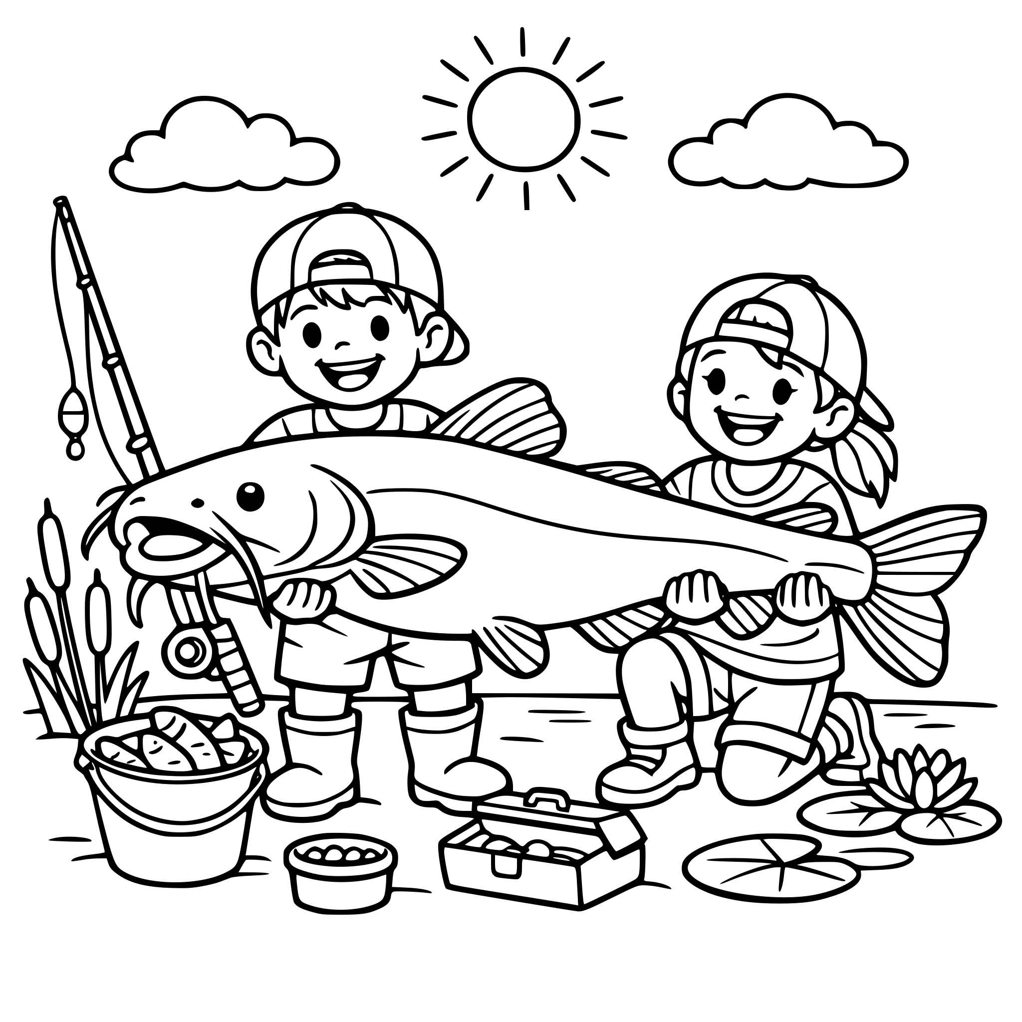 Fishing kids fishing in ponds big catfish