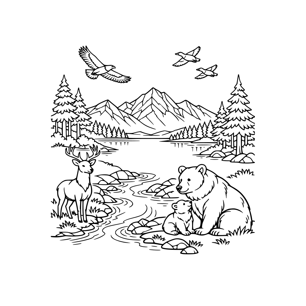 Create beautiful, relaxing coloring books inspired by nature and the outdoors. Features detailed black-and-white line art with scenic landscapes like Mountains, forests, rivers, and lakes, and wildlife in natural settings