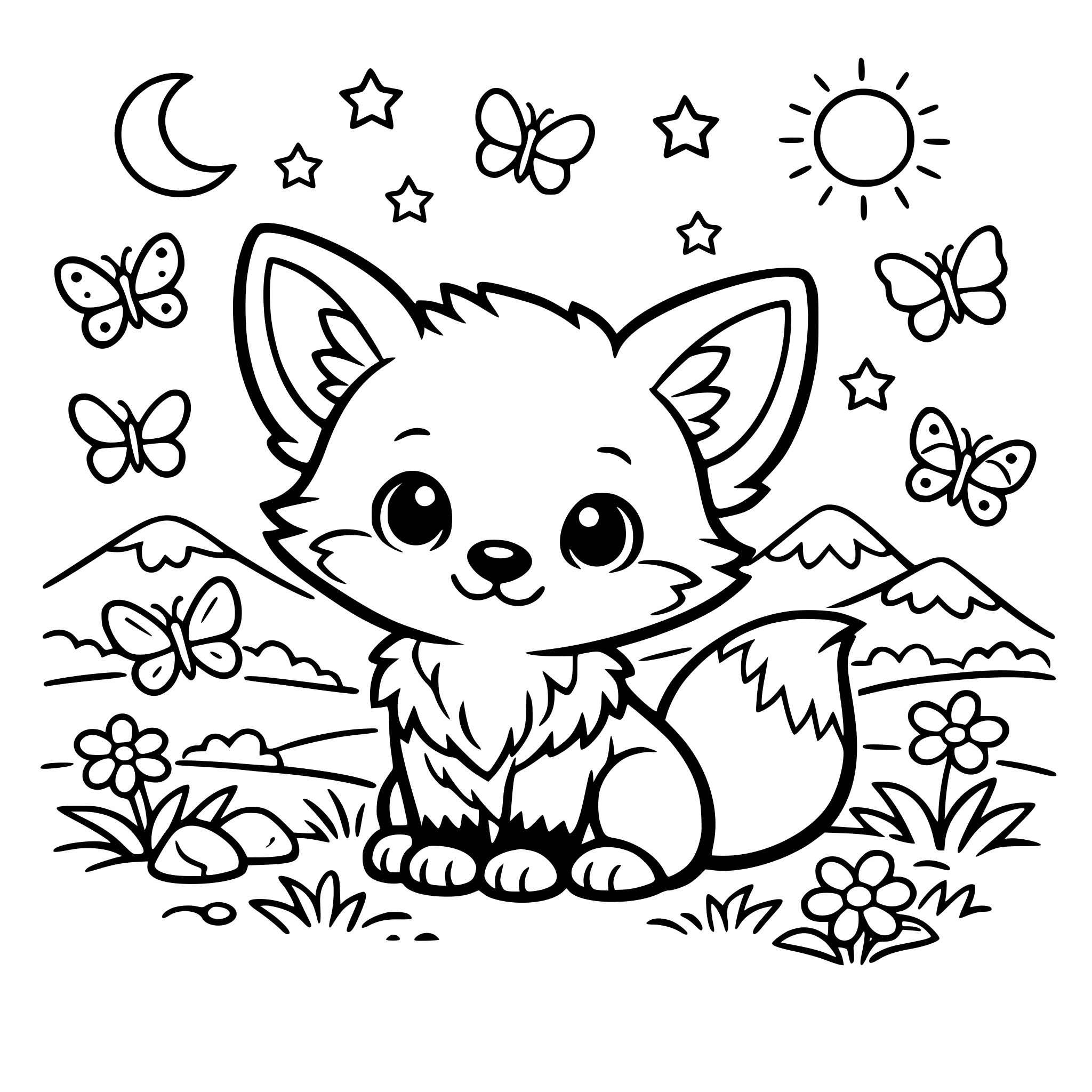 UN ZORRO BEBÉ RODEADO DE MARIPOSAS EN UN VALLE