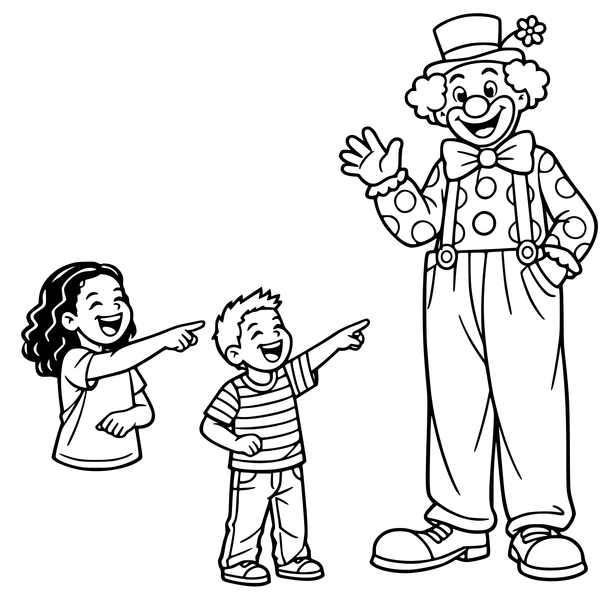 Create an image of a young realistic looking realistic african american girl with wavy hair looking at and pointing at a tall clown and laughing. A real boy wearing jeans and a striped shirt is pointing at the clown and laughing, too. White background, isolated.