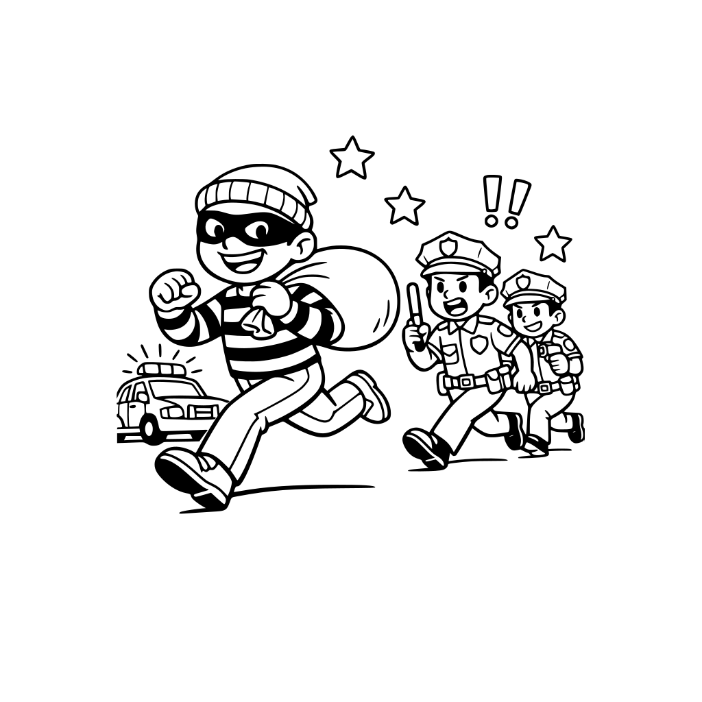 quiero un dibujo en el que aparezca un ladrón (con antifaz, saco y camiseta de rayas) siendo perseguido por la policía