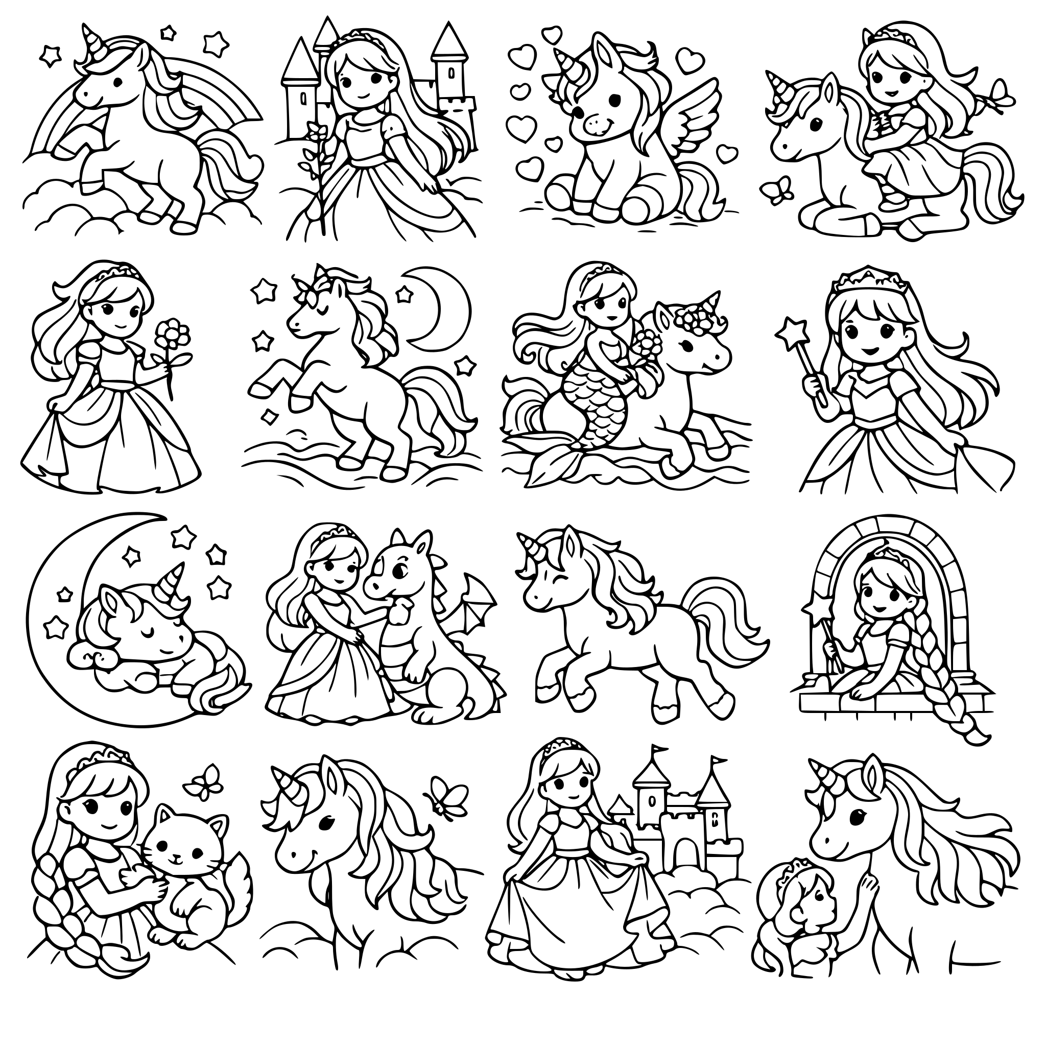 Genera 20 immagini che rappresentino dei disegni da colorare di unicorni e principesse