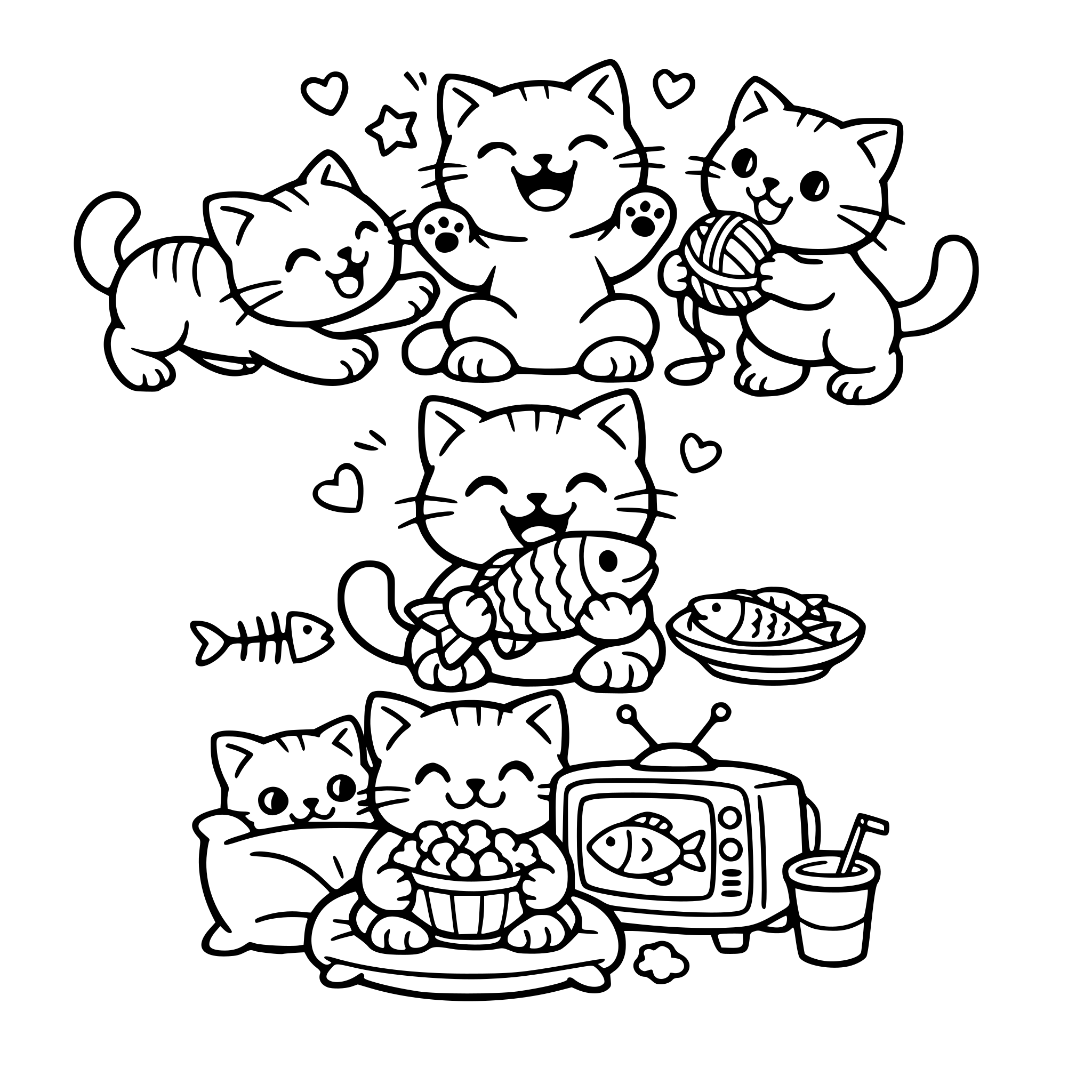 Cute cat smilling playing with other cats, eating fish, watching tv