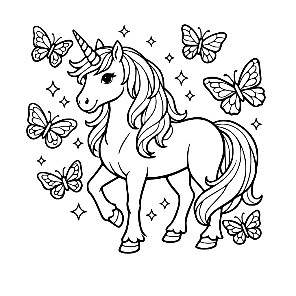 por favor dibuja un bello unicornio con mariposas alrededor