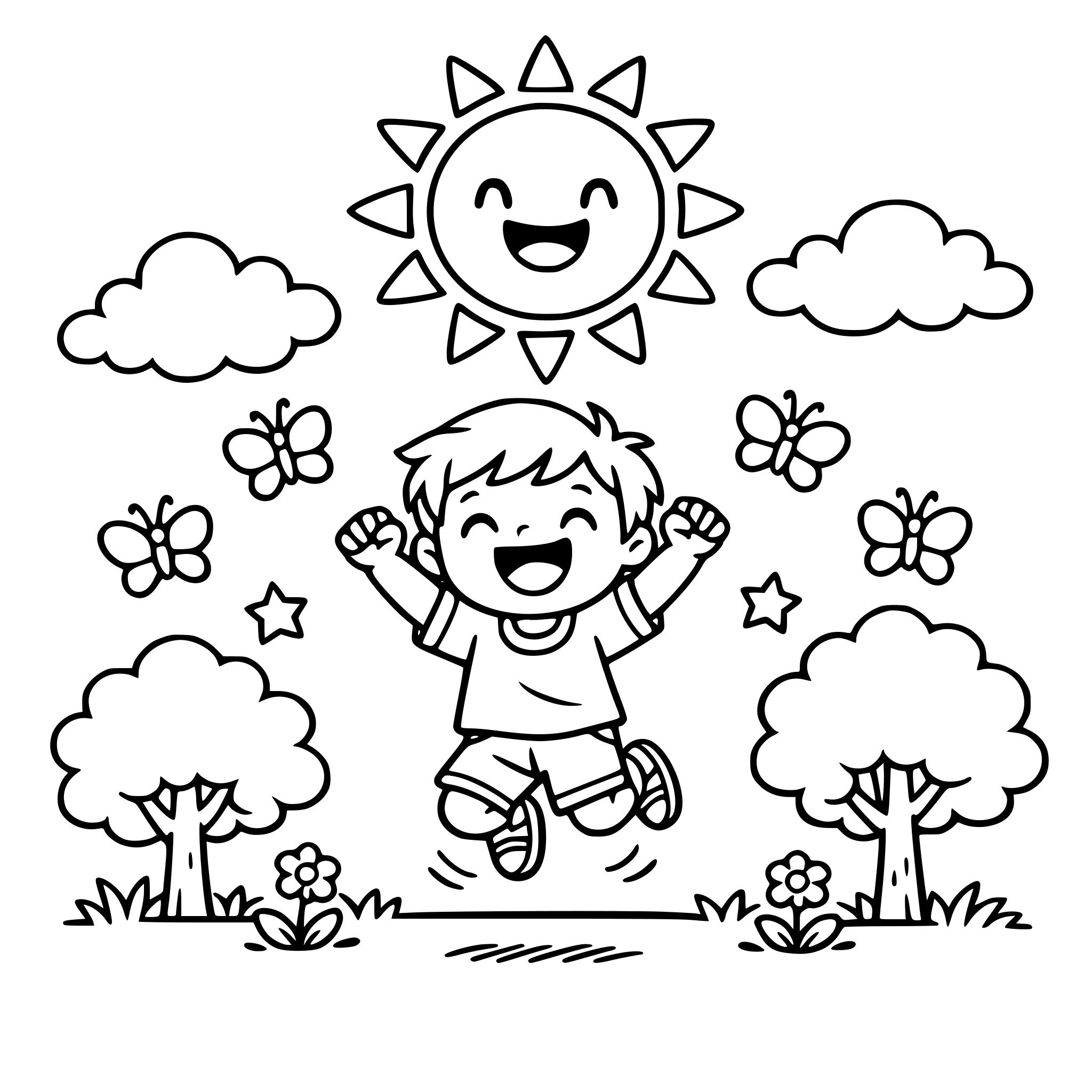 Happy little child jumping with excitement under a big smiling sun, butterflies flying, trees and clouds around, kids coloring book page, black and white line art, thick outlines, simple drawing, no shading, white background