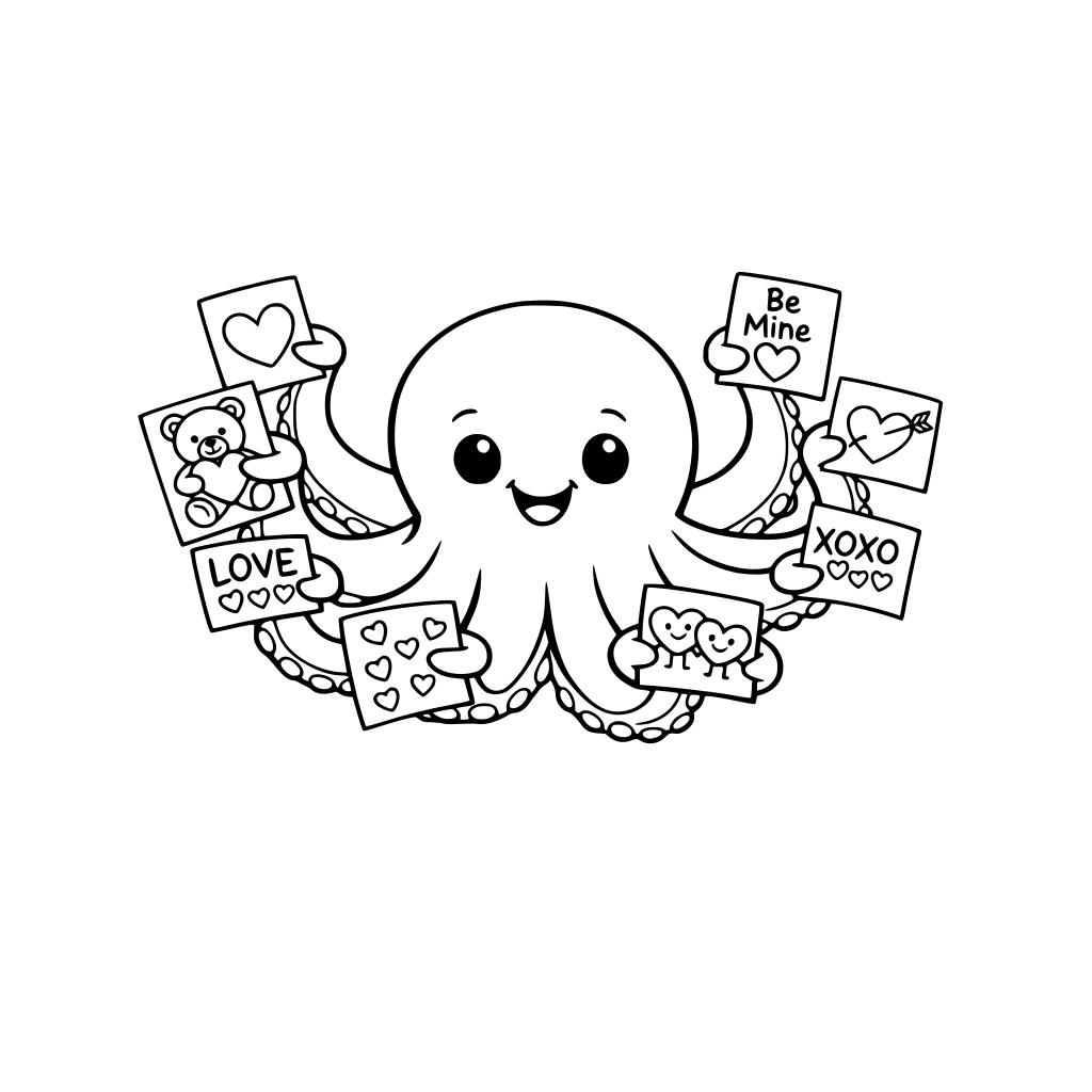 A big friendly octopus holding eight Valentine cards.