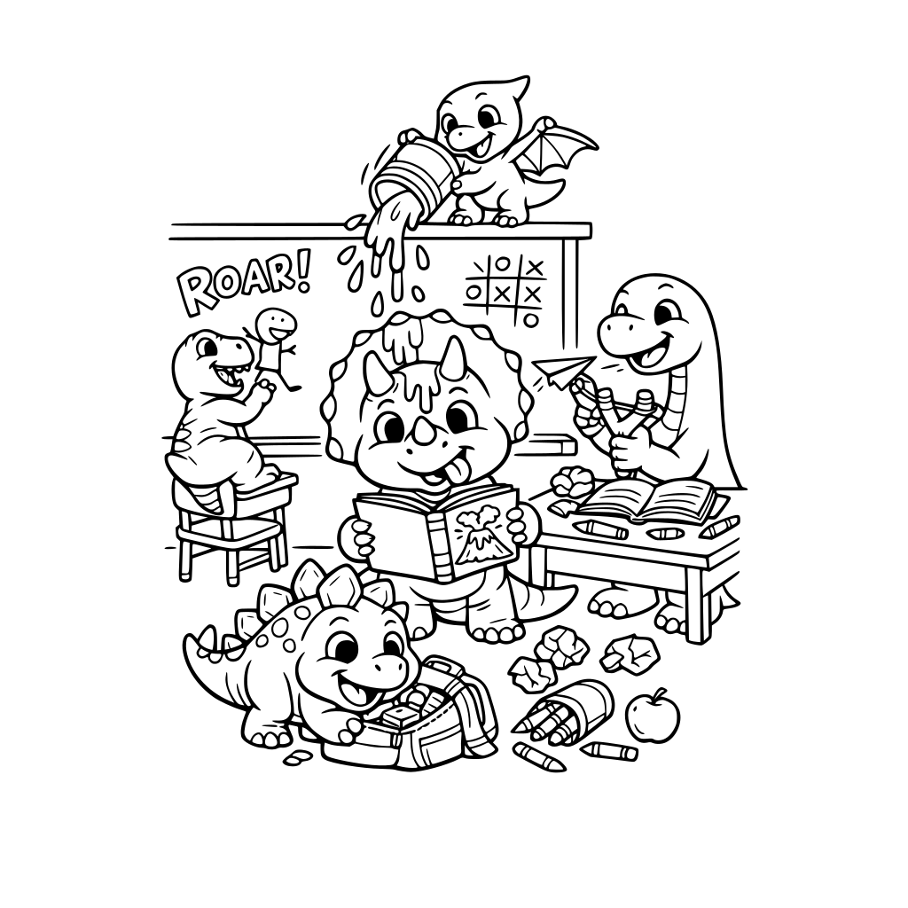cute dinosaurs being mischievous at school