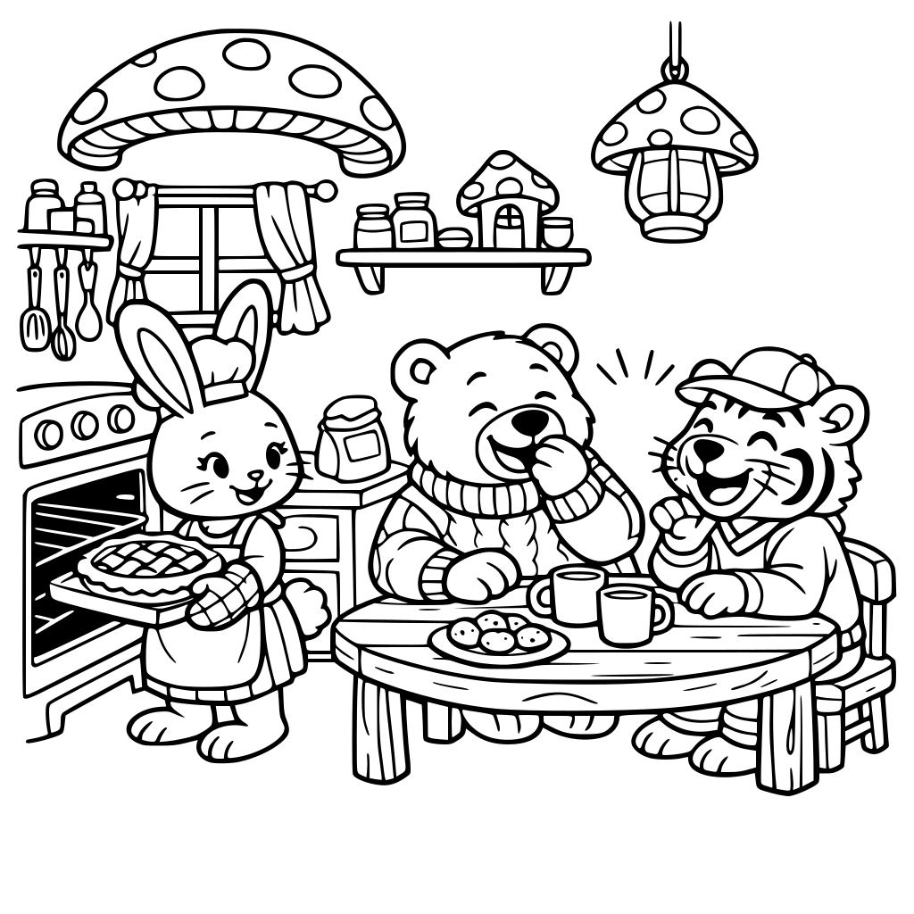 Bunny is baking a pie in a mushroom kitchen. A bear wearing sweater and a tiger wearing cap is sitting on the table and gossiping and laughing.