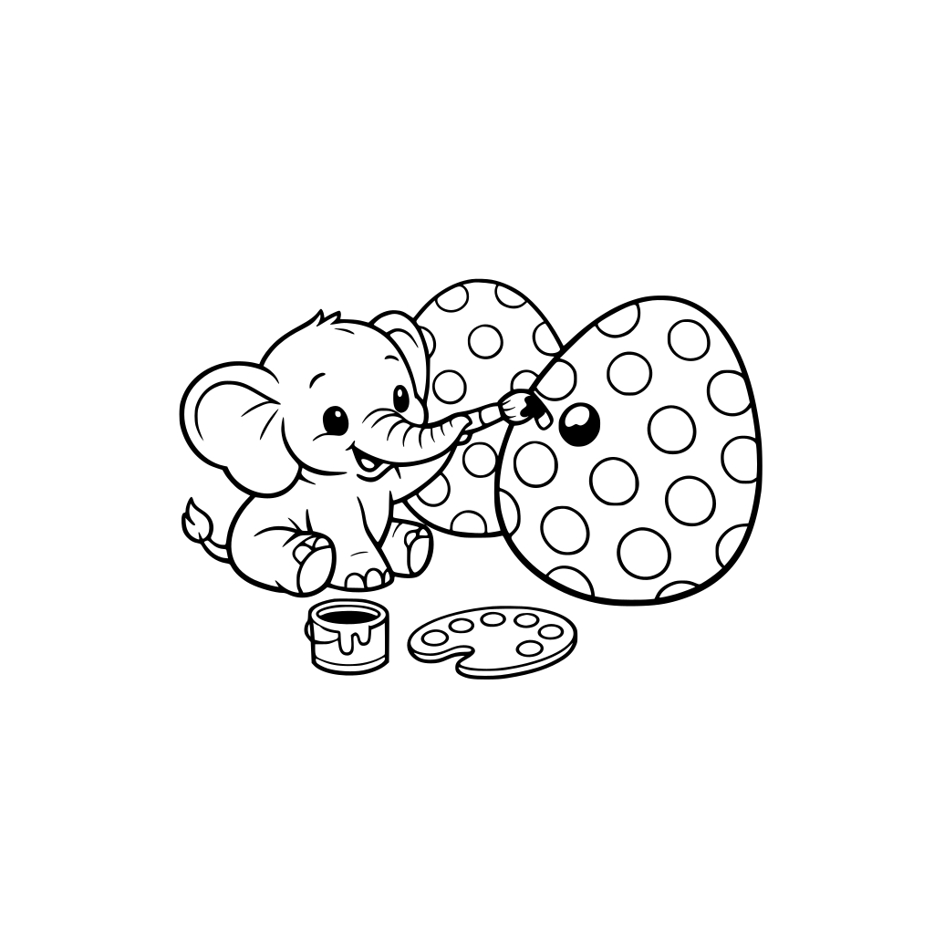 Baby elephant using its trunk to paint polka dots on giant Easter eggs