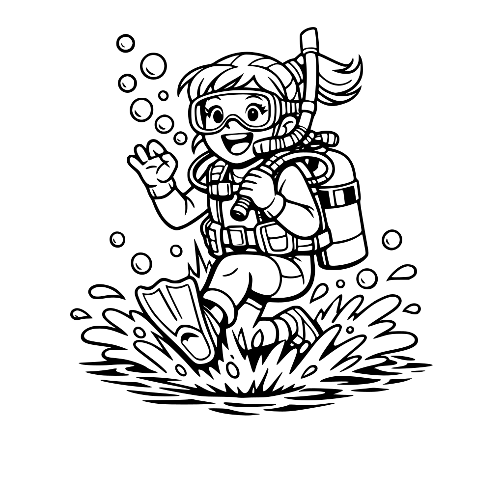 young Girl jumping into the water with her scuba gear on Mid-jump splash Wide smile, excited demeanor Bubbles rising from the entry black and white bold lines for coloring book