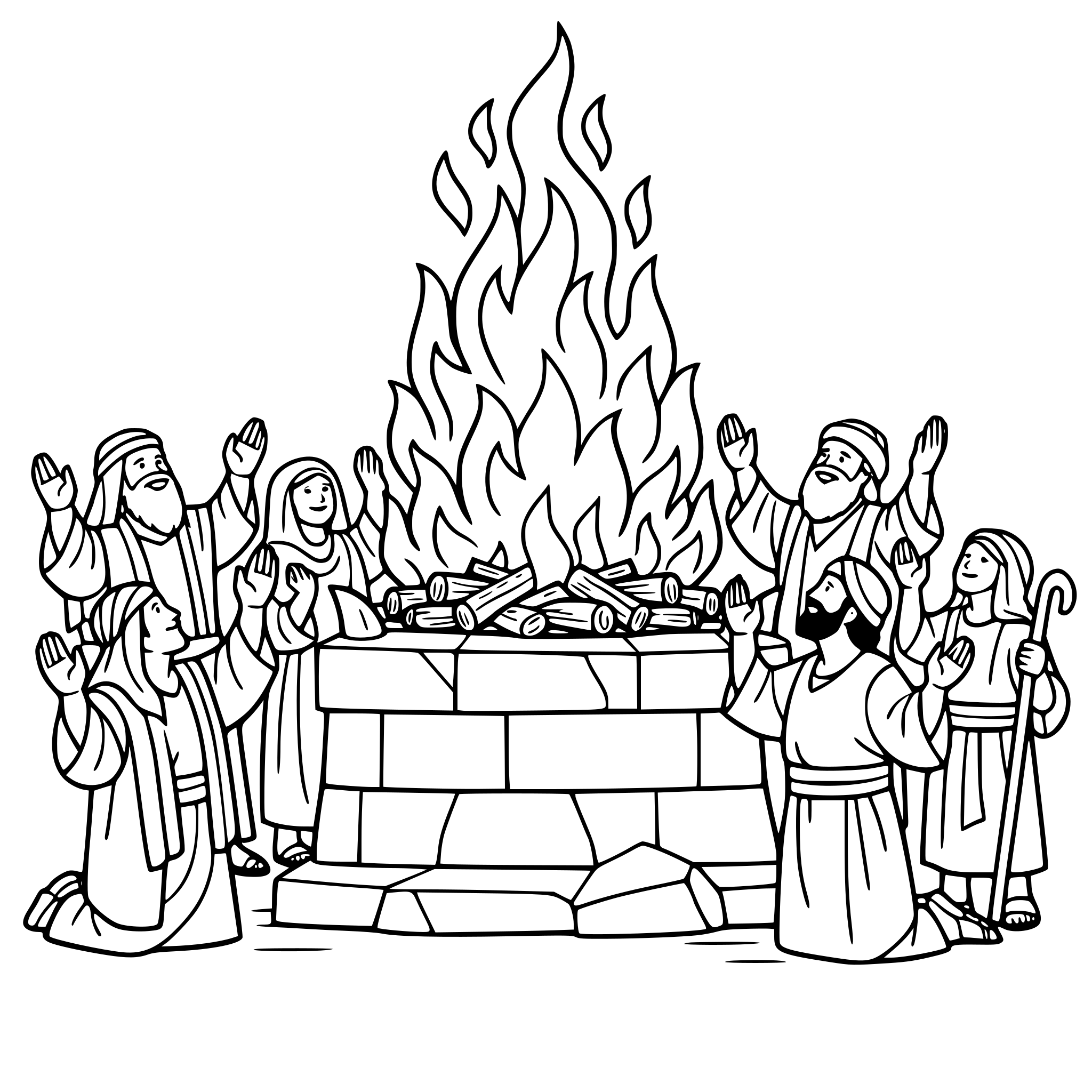 make a picture an altar with fire include people of the bible standing near the altar with their hands raised in worship