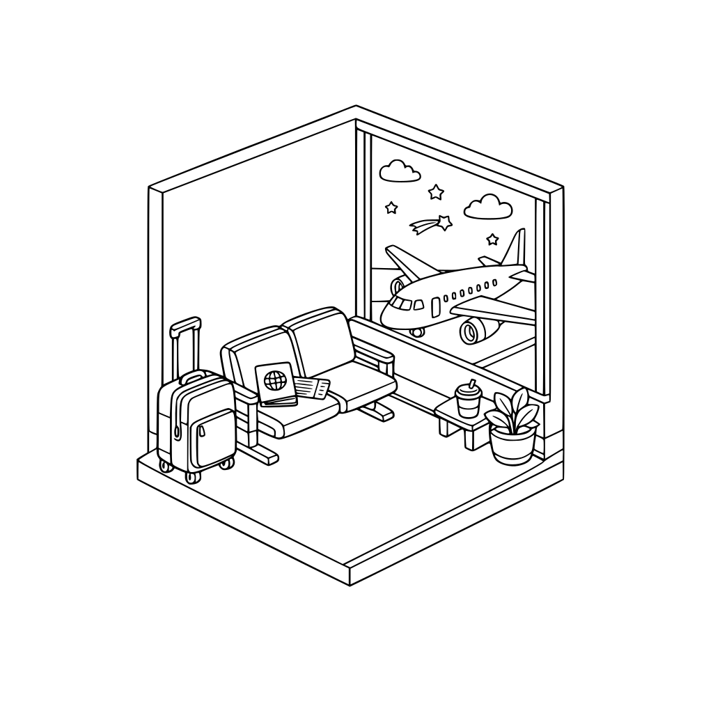 hygge style, cute and cozy, 3D isometric corner, airport waiting area with structured seating, rolling suitcase upright, passport and boarding pass on chair, large window showing airplane outside.