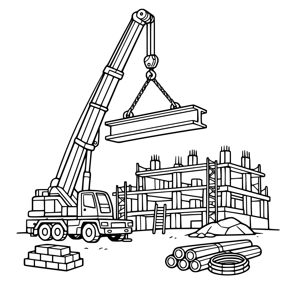 crane lifting a beam over a building site.