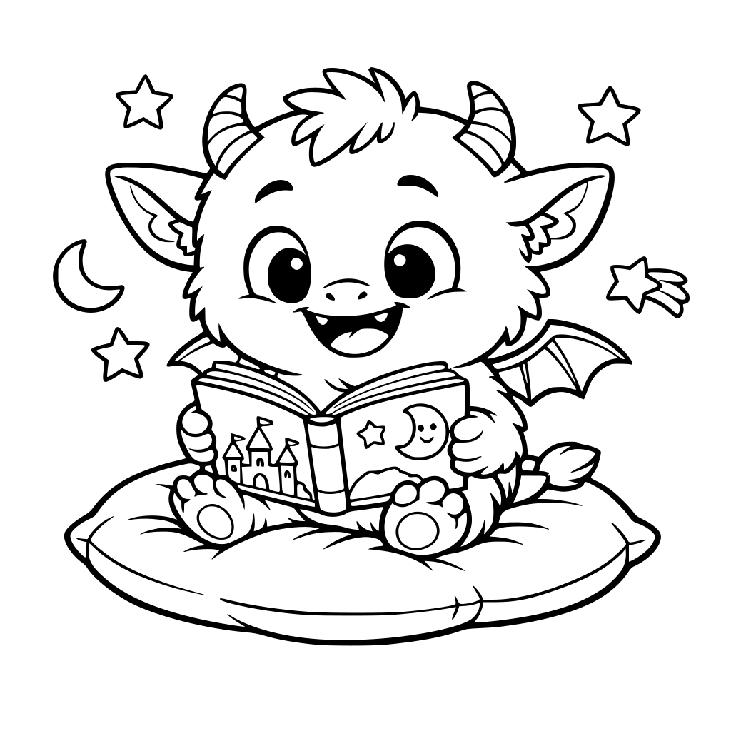 Quero a imagem de um monstrinho fofo, sentado numa almofada, segurando um livro de história infantil, sorrindo e como se ele estivesse lendo