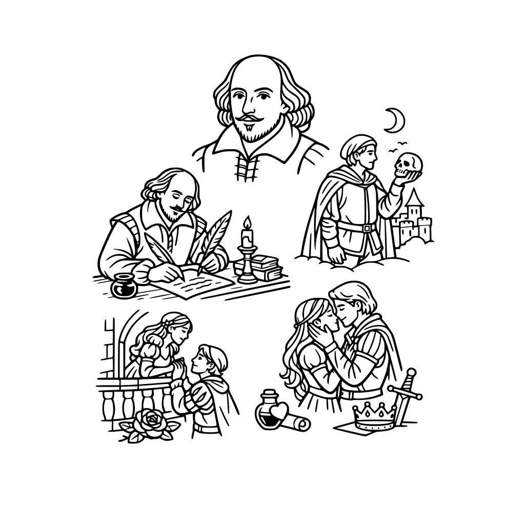 william shakespeare coloring book with images fo shakespeare, shakespeare writing, and images inspired by his famous plays like romeo and juliet