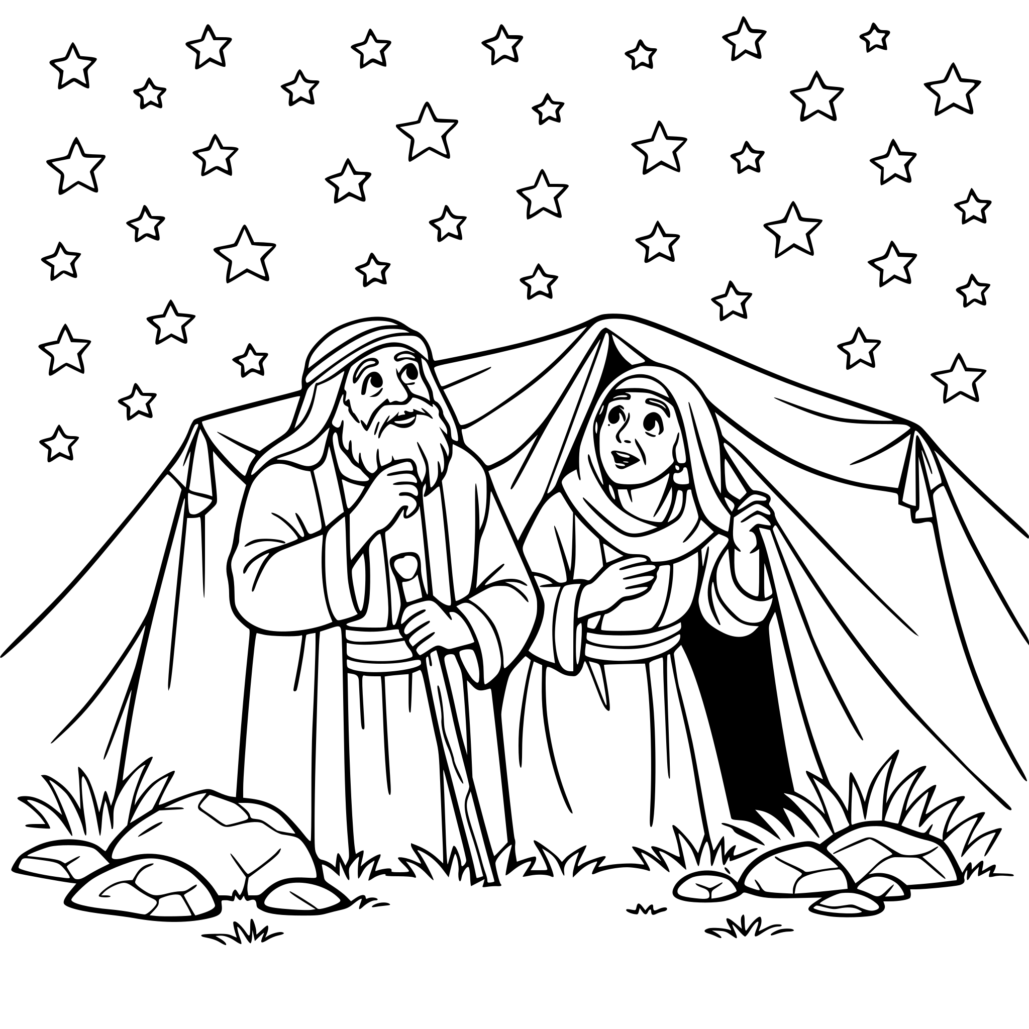 create a design with a bible times old man and bible times old woman looking curious standing outside a tent make it night time with lots and lots of stars in the sky; include grass and rocks