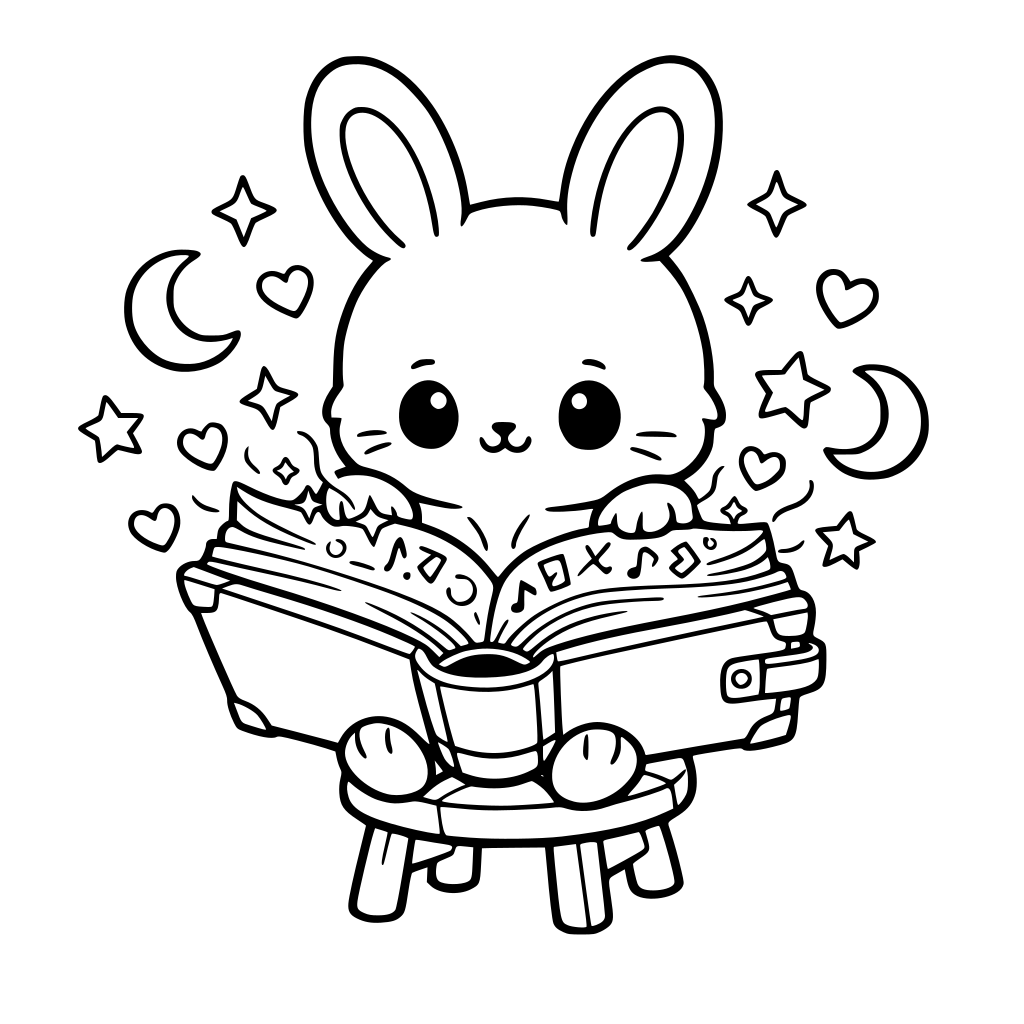 make cartoon kawaii style art of Bunny sitting on a stool, reading a giant spellbook with glowing letters. Cartoon-style floating shapes (hearts, moons, stars) around the book.
