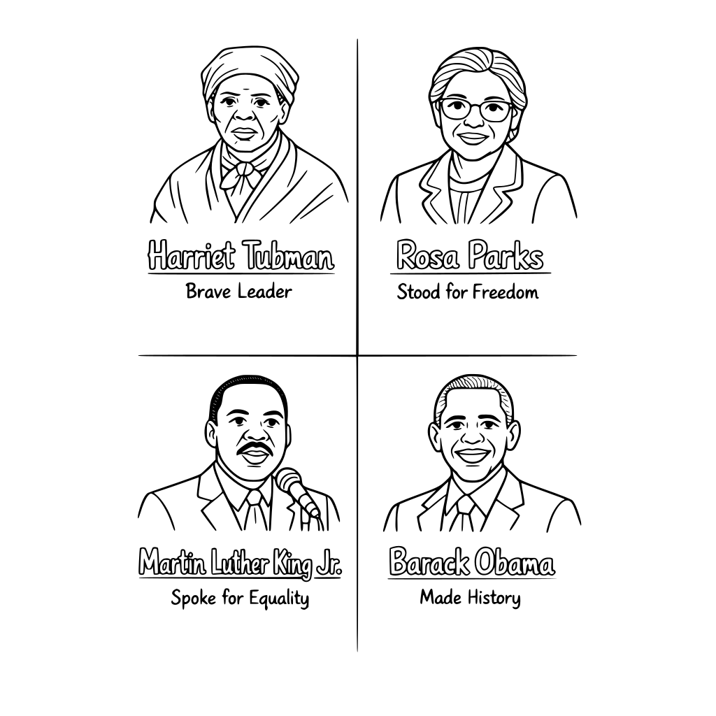 Divide page into 4 simple boxes: Harriet Tubman, Rosa Parks, Martin Luther King Jr. Barack Obama. Under each image. Name in bold traceable font. 1 simple phrases like: "Brave Leader" "Stood for Freedom" "Spoke for Equality" "Made History"