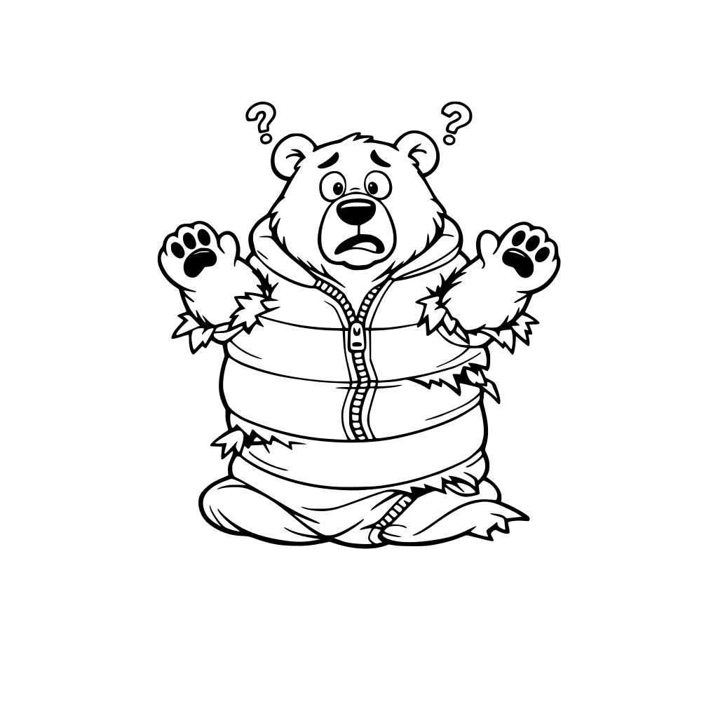 a funny Bear stuck in a too-small sleeping bag which is ripped apart Arms popping out. confused expression. Simple. Huge visual.