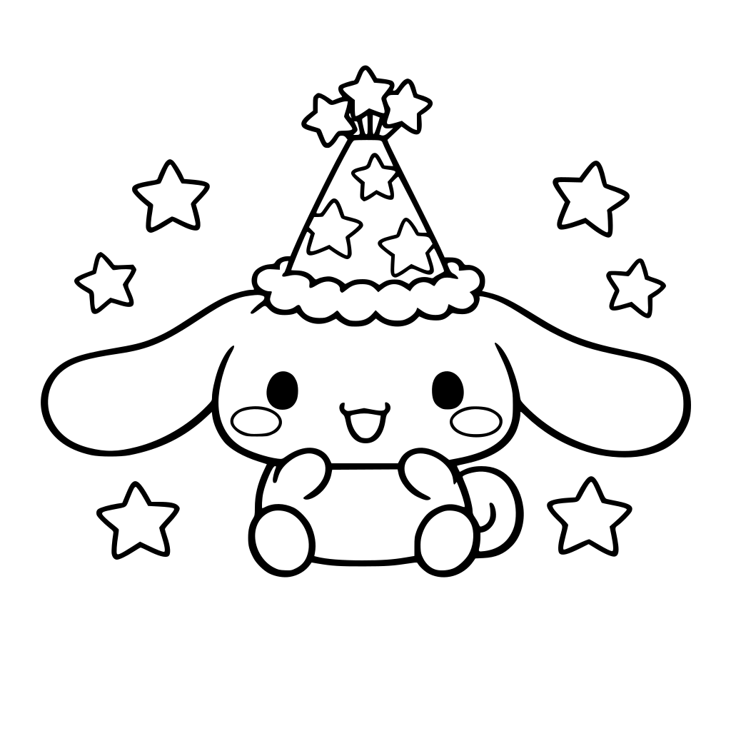 A Cinnamoroll Sanrio con sombrero de cumpleaños con estrellas