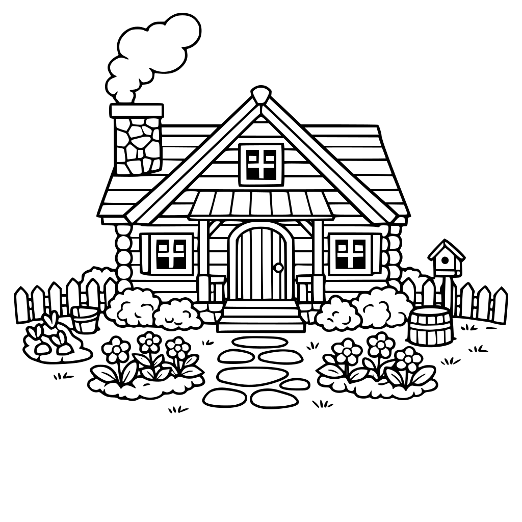 A small wooden cottage with a smoking chimney, surrounded by a simple garden and fence, front view black and white line art, simple bold outlines, minimal details, no shading, no grayscale, adult coloring book style, white background