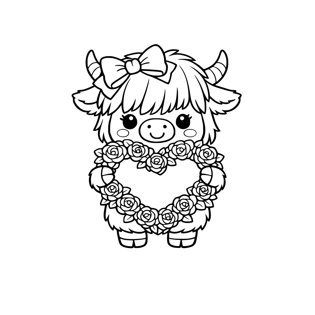 Kawaii highland cow with a bow on its head holding heart shaped wreath of roses