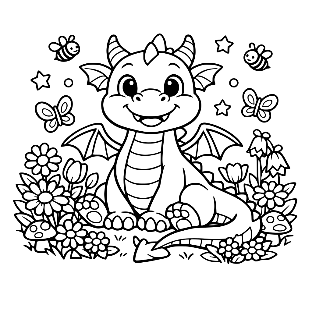 Un drago amichevole in un giardino fiorito