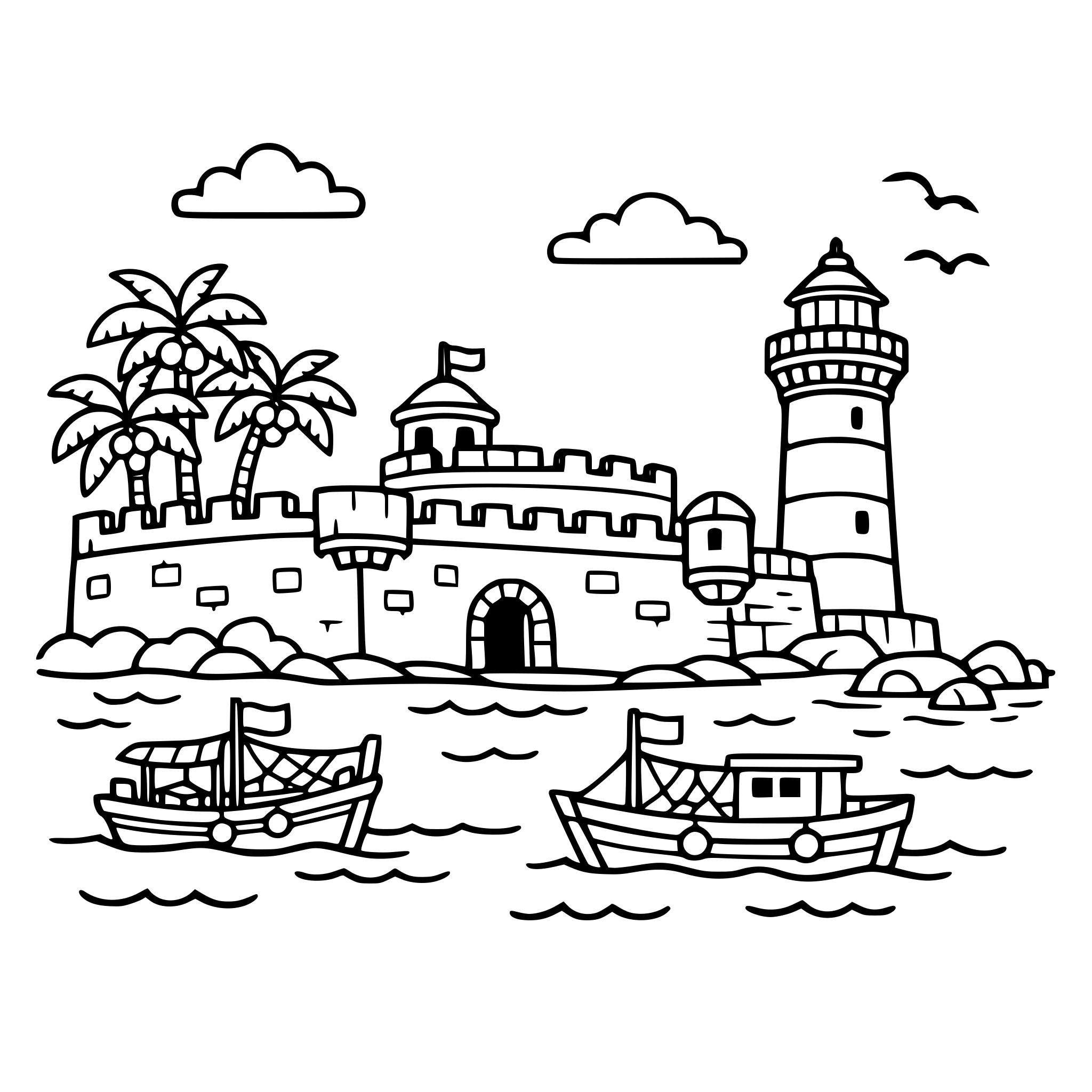 Cute cozy simple Dadra & Nagar Haveli and Daman & Diu Portuguese fort near sea with lighthouse, fishing boats, and palm trees
